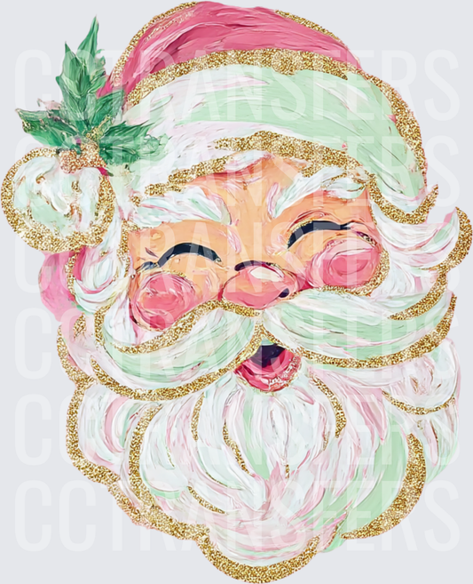 Retro Pink Mint Gold Glitter Santa Claus Face (DTF)