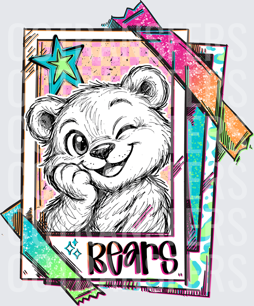Cute Winking Sketched Bear Retro Colorful Card Bears DTF