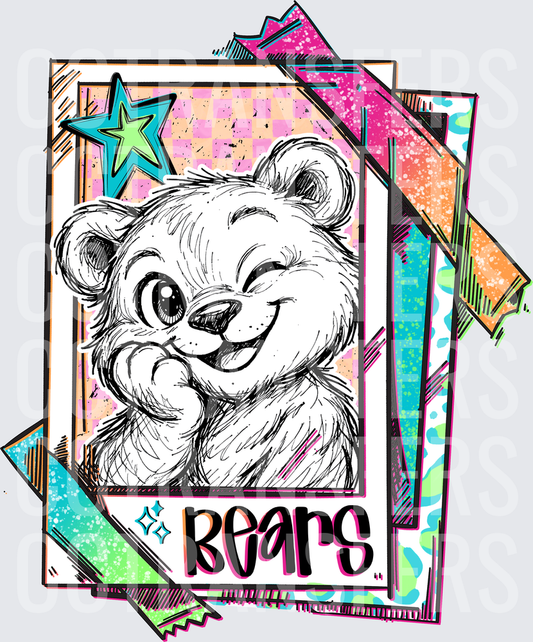 Cute Winking Sketched Bear Retro Colorful Card Bears DTF