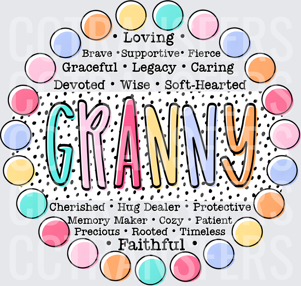Granny Word Art Pastel Polka Dot Circle Design (DTF)