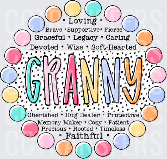 Granny Word Art Pastel Polka Dot Circle Design (DTF)