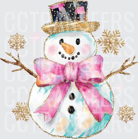 Watercolor Snowman Pink Bow Gold Glitter Snowflakes (DTF)