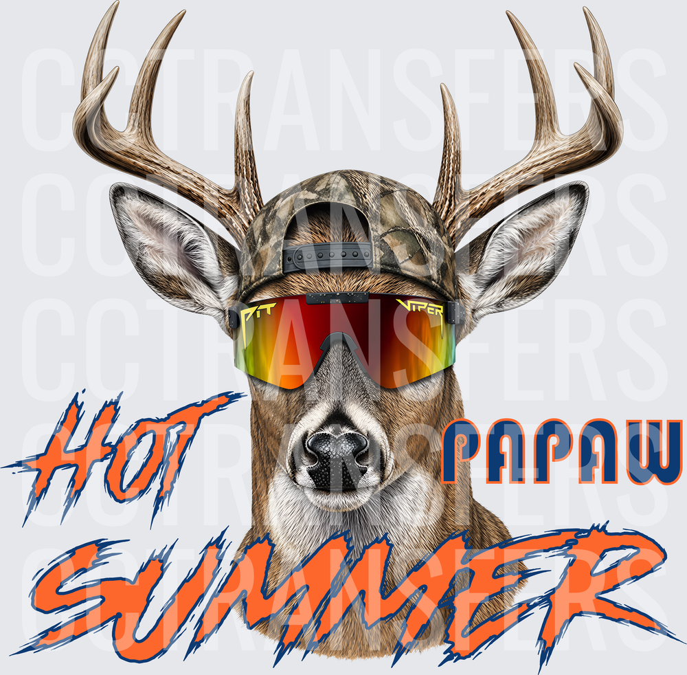 Hot Summer Papaw Buck Wearing Camo Cap & Goggle Shades (DTF)