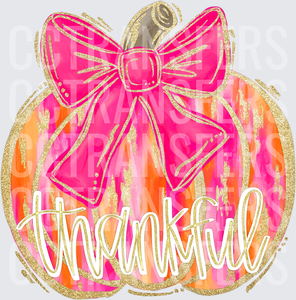 Thankful Pink Orange Watercolor Pumpkin Gold Glitter Bow (DTF)