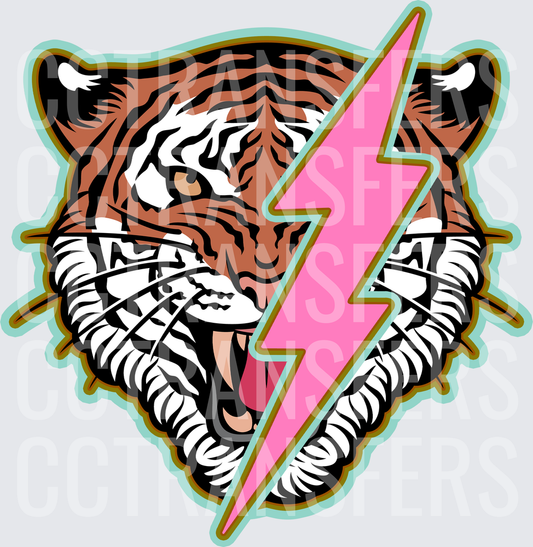 Roaring Tiger Head with Pink Lightning Bolt (DTF)