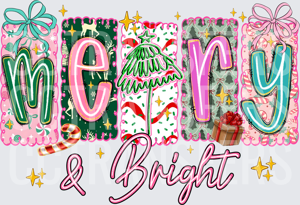 Merry & Bright Colorful Patchwork Christmas Letter Design (DTF)