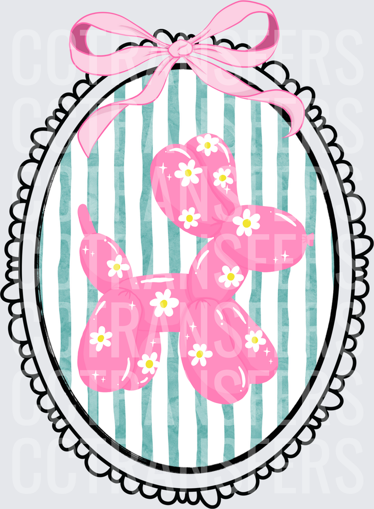 Pink Daisy Balloon Dog Oval Frame with Bow (DTF)
