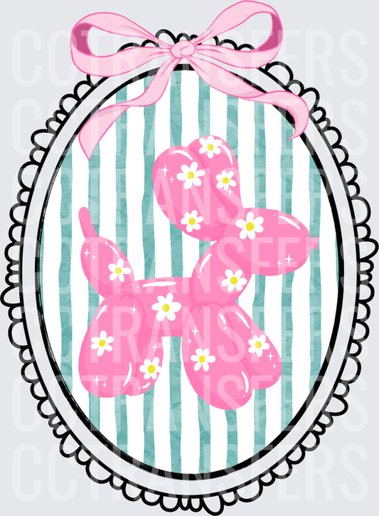 Pink Daisy Balloon Dog Oval Frame with Bow (DTF)