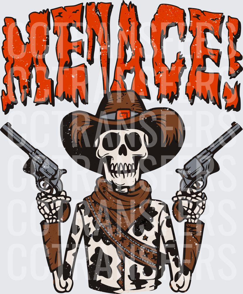 Menace Skeleton Cowboy Dual Revolver Western Skull (DTF)