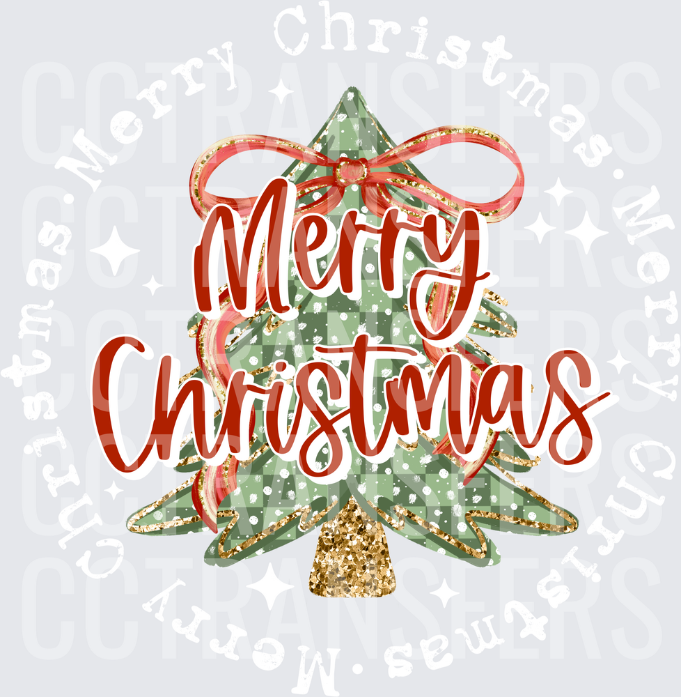 Merry Christmas Plaid Tree Red Bow Gold Glitter (DTF)