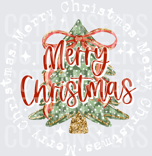 Merry Christmas Plaid Tree Red Bow Gold Glitter (DTF)