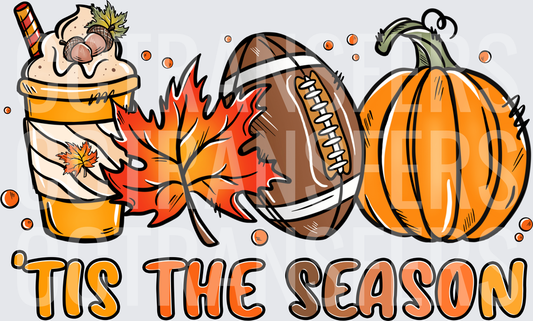 Tis The Season Fall Latte Football Pumpkin Leaves (DTF)