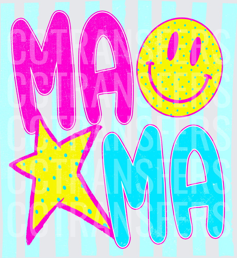 Mama Retro Smiley Face Star Stripe Bubble Letter (DTF)
