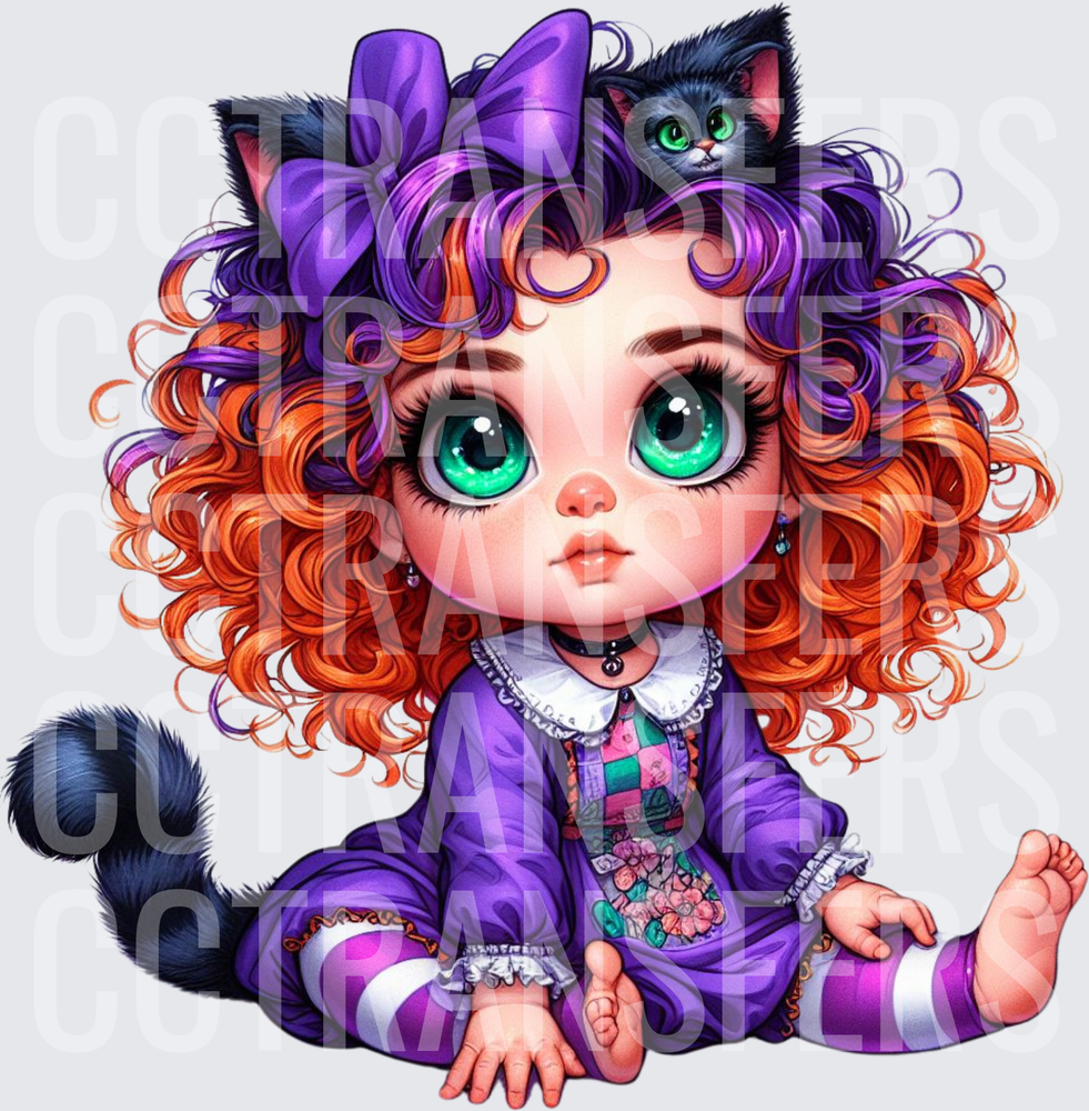 Chibi Girl Orange Curls Purple Bow Black Kitten (DTF)