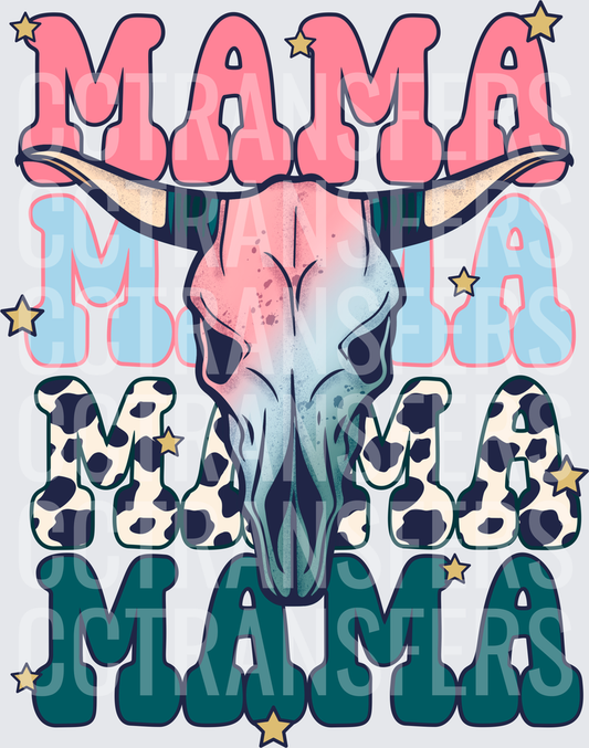 Stacked Mama Bull Skull Cow Print Stars Western (DTF)