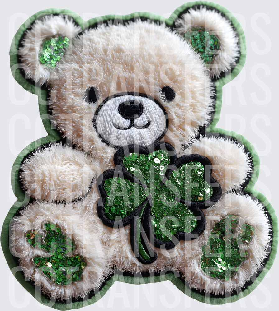 Fluffy Teddy Bear Sequin Shamrock St. Patrick's Day (DTF)