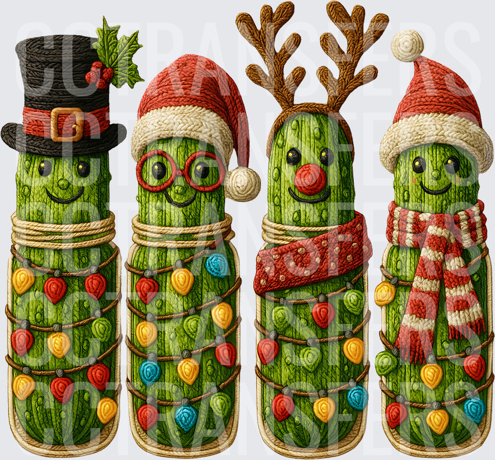 Knit Christmas Pickle Jar Characters with Holiday Lights (DTF)