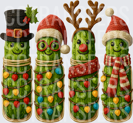 Knit Christmas Pickle Jar Characters with Holiday Lights (DTF)