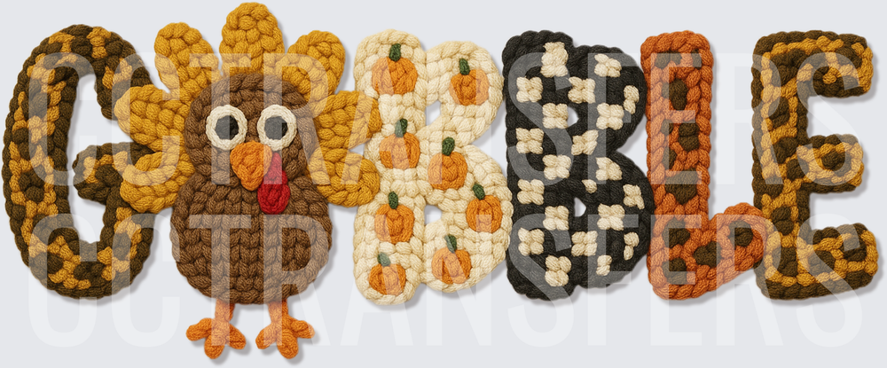 Crochet Knit GOBBLE Turkey Thanksgiving Word Art (DTF)