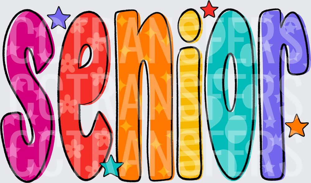 Colorful Patterned Senior Bold Text with Stars (DTF)
