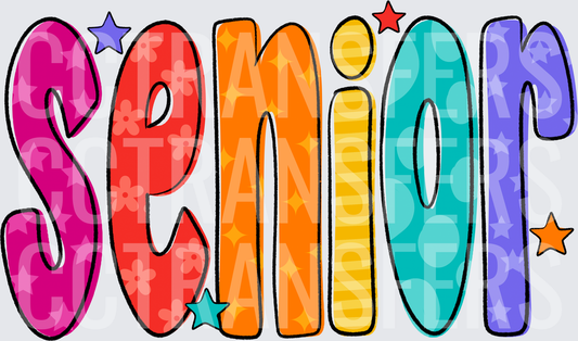 Colorful Patterned Senior Bold Text with Stars (DTF)