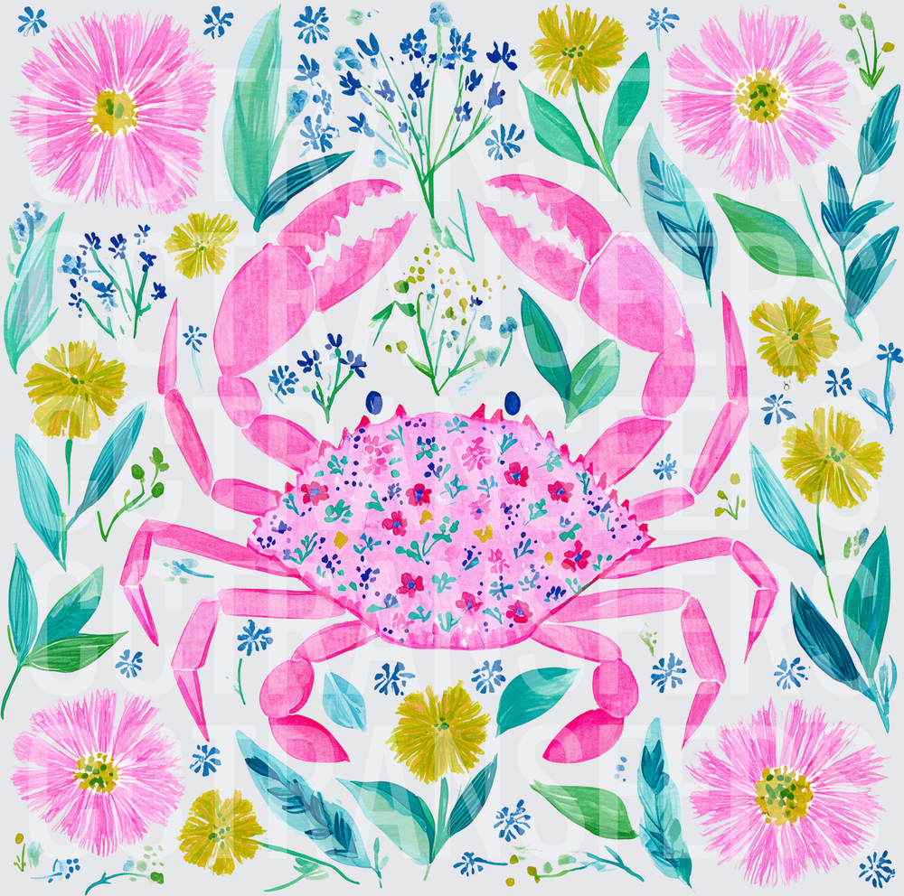 Watercolor Pink Floral Crab Botanical Garden (DTF)