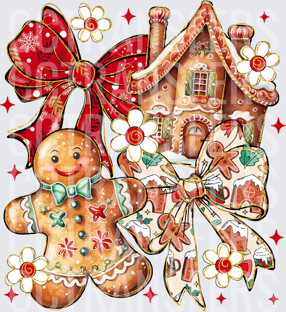 Gingerbread Man House Red Bow Floral Christmas (DTF)