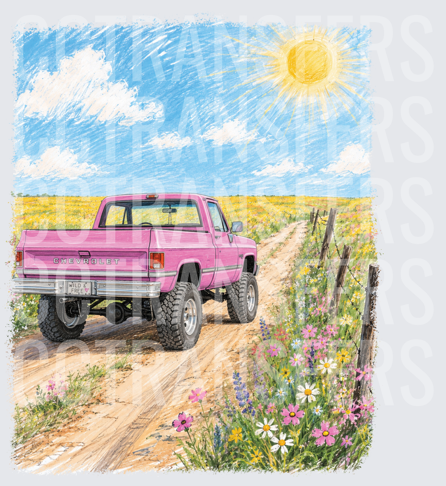 Pink Lifted Pickup Wild & Free Dirt Road Wildflowers (DTF)