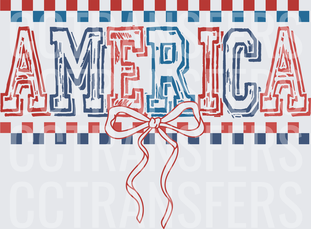 America Bold Distressed Lettering Red White Blue Bow DTF