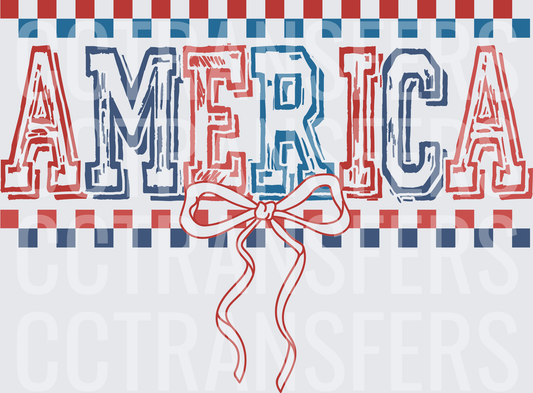 America Bold Distressed Lettering Red White Blue Bow DTF