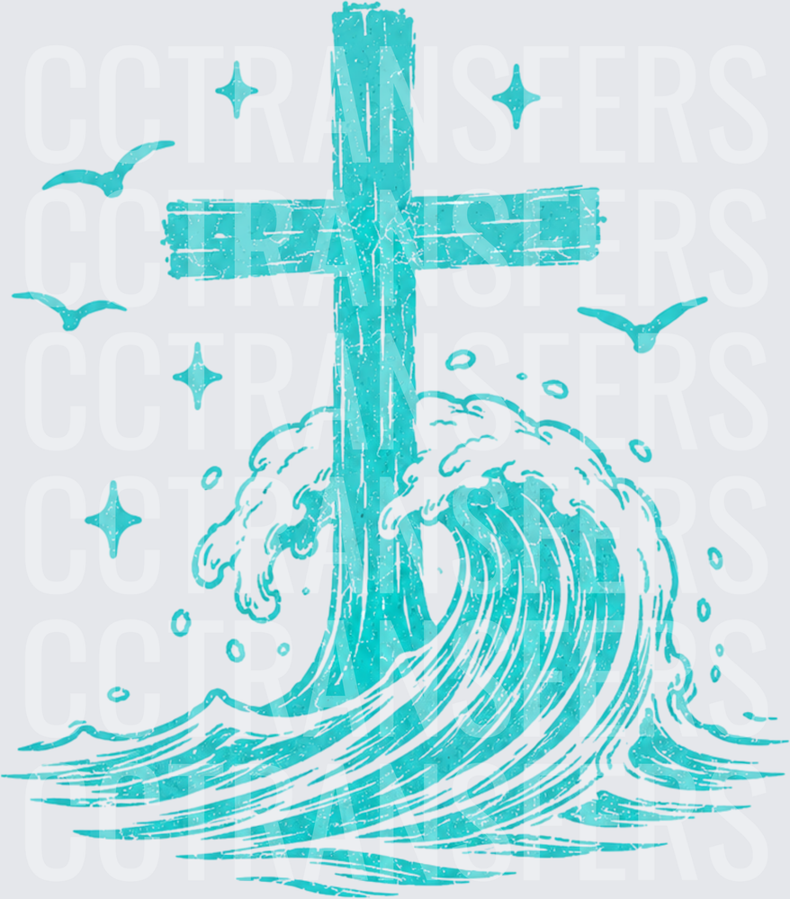 Teal Christian Cross Rising Ocean Wave Seagulls Stars (DTF)