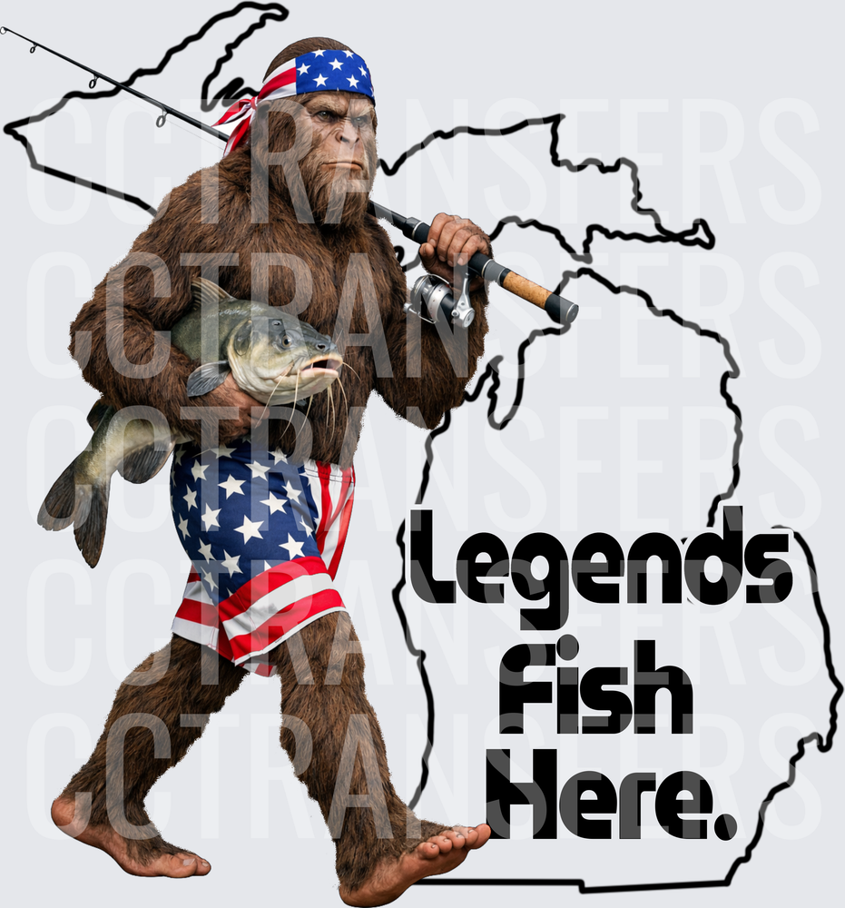 Legends Fish Here Bigfoot Michigan Fishing American Flag (DTF)