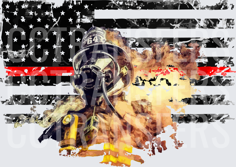 Thin Red Line Firefighter In Smoke Distressed Flag (DTF)