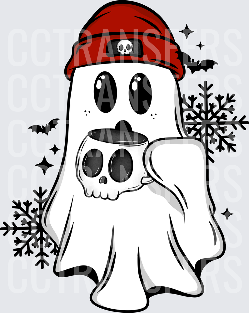 Cute Ghost Red Beanie Skull Mug Snowflakes Bats (DTF)