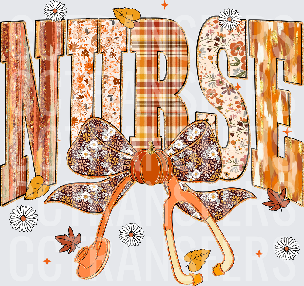 Fall Nurse Patchwork Bow Stethoscope Pumpkin Leaves (DTF)