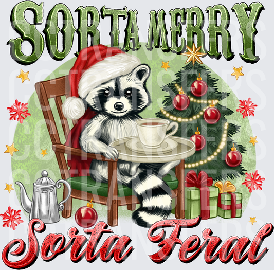 Sorta Merry Sorta Feral Christmas Raccoon with Coffee (DTF)
