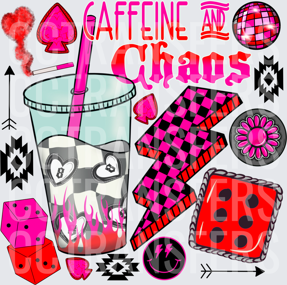 Caffeine And Chaos Checkered Cup Bolt Dice Collage (DTF)