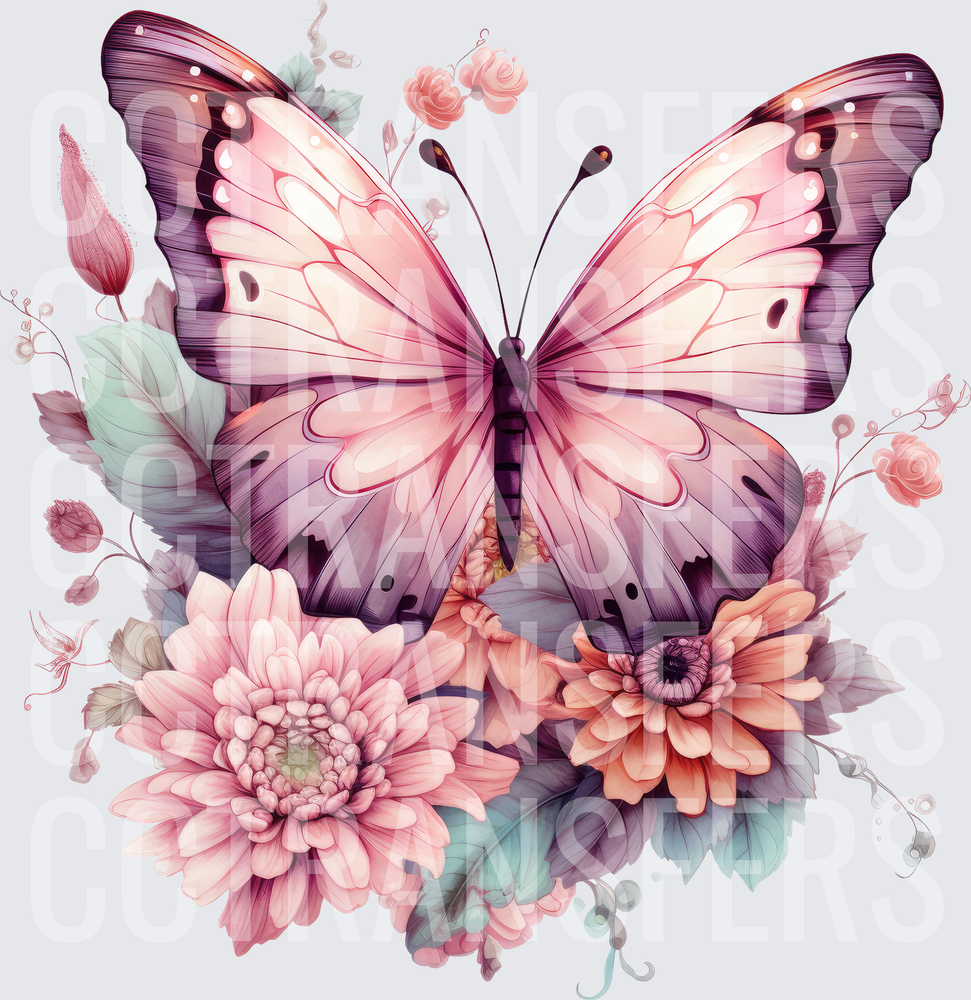 Pink Purple Butterfly Floral Bouquet Watercolor (DTF)