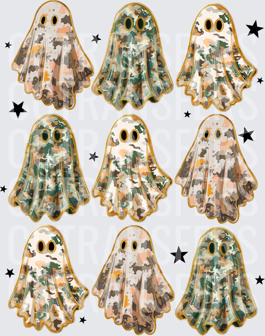 Nine Camo Halloween Ghosts with Gold Trim and Stars (DTF)