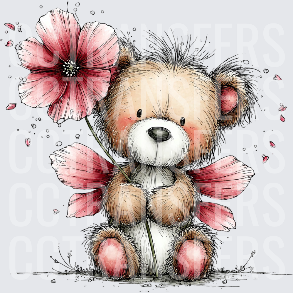 Fluffy Teddy Bear Holding Pink Flower with Falling Petals (DTF)