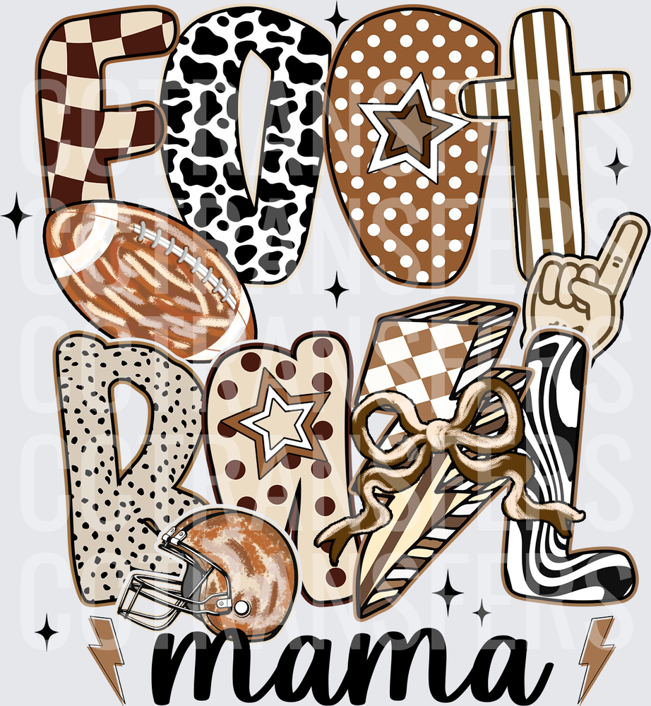 Football Mama Patterned Lettering with Helmet and Bow (DTF)