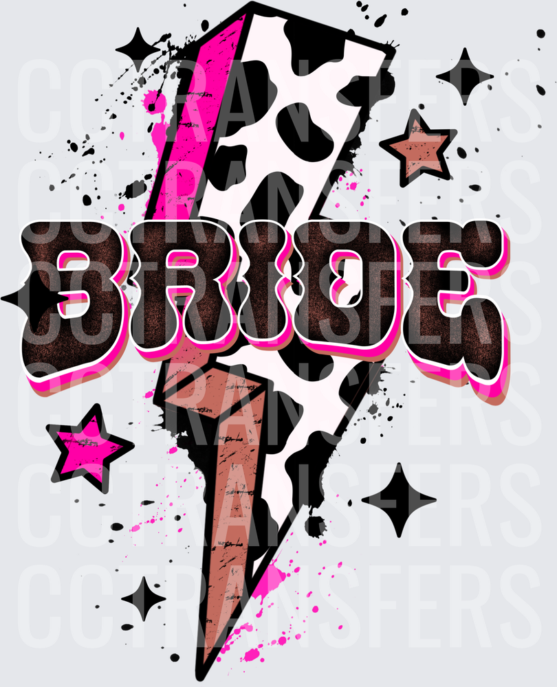 Bride Cow Print Lightning Bolt Pink Splatter Stars (DTF)