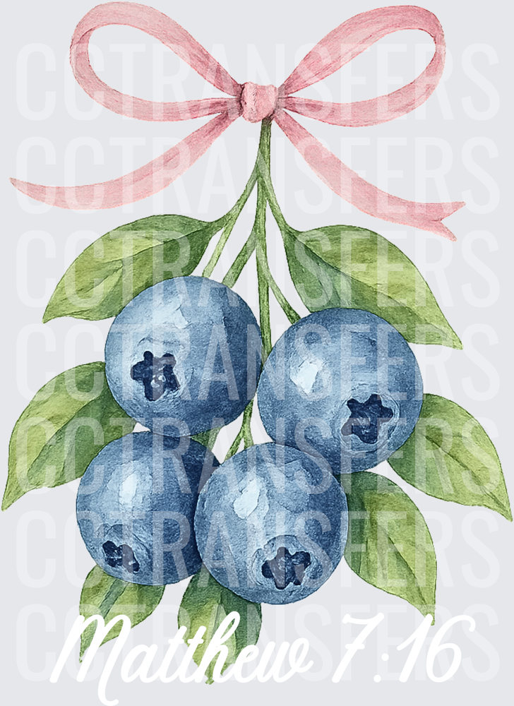 Watercolor Blueberry Bunch with Pink Ribbon Bow (DTF)