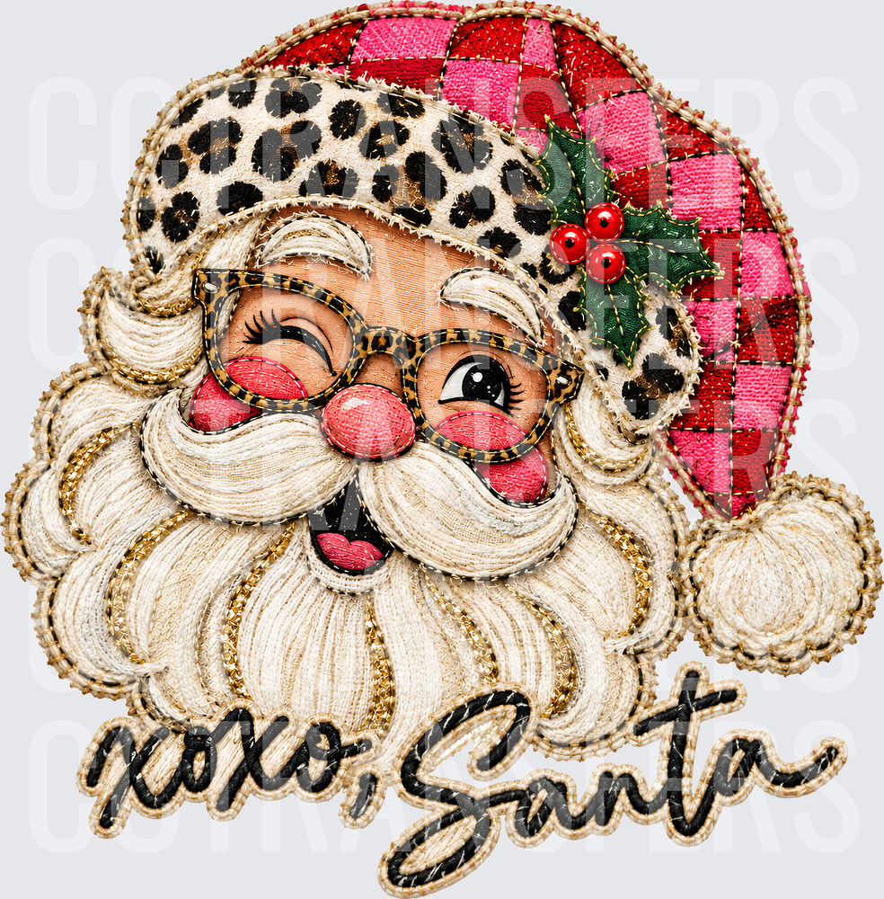 XOXO Santa Embroidery Patch Style Leopard Plaid Hat (DTF)