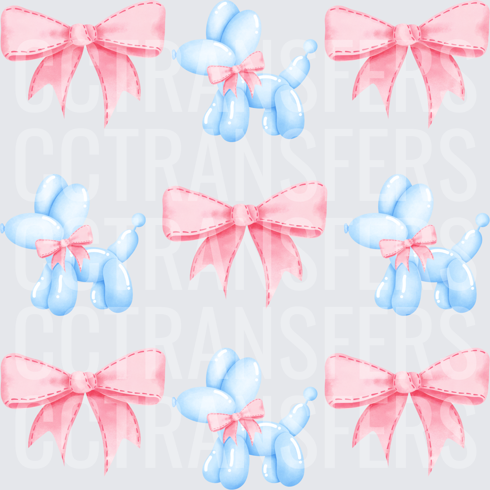Blue Balloon Animal Dogs and Pink Bows Pattern (DTF)