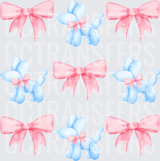 Blue Balloon Animal Dogs and Pink Bows Pattern (DTF)