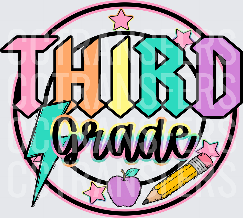 Third Grade Pastel Bolt Apple Pencil Stars Circle (DTF)