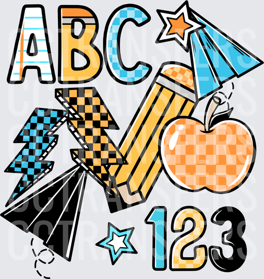 ABC 123 Back to School Checkered Pencil Apple Stars (DTF)