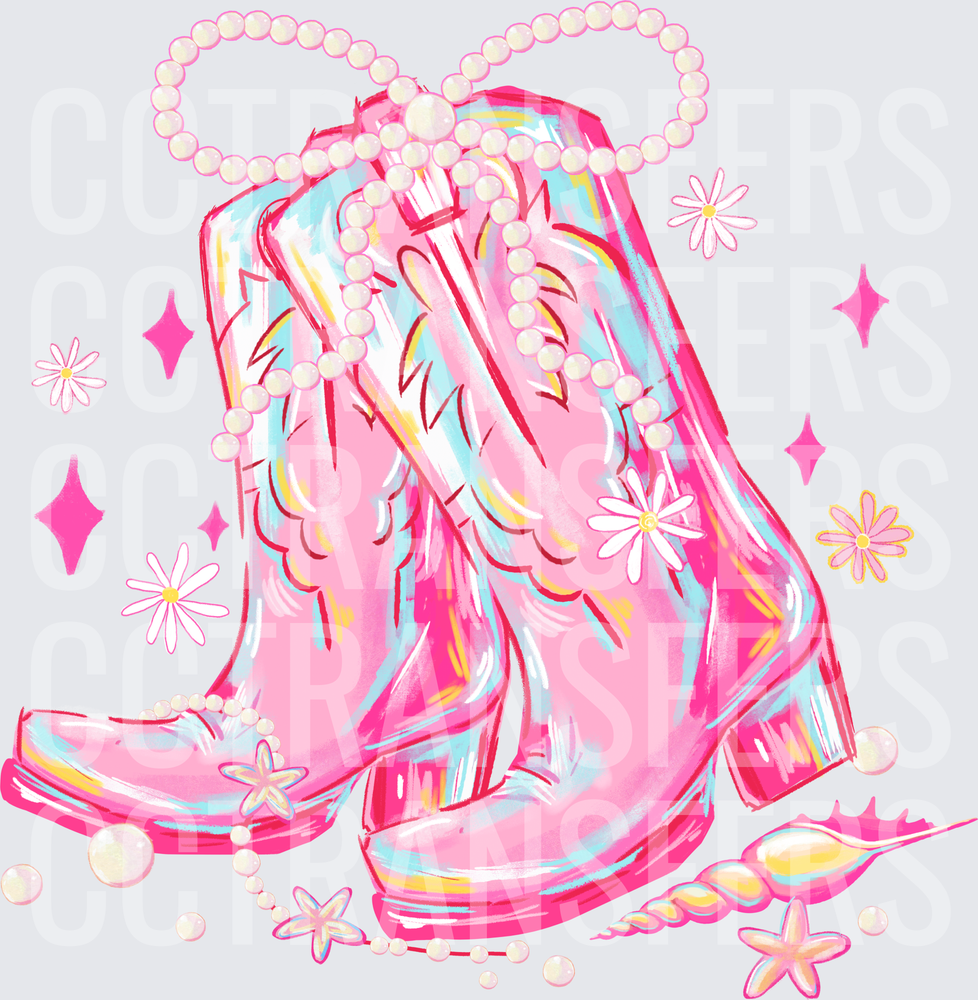 Glam Pink Cowboy Boots Pearl Necklace Daisy Sparkle (DTF)