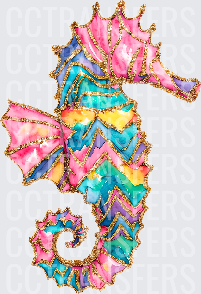 Watercolor Chevron Seahorse with Gold Glitter Accents (DTF)